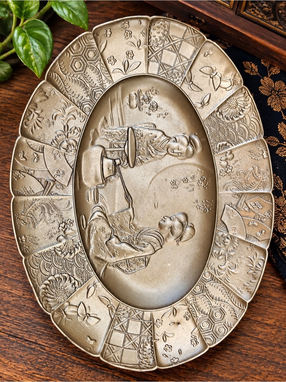 Vintage Japanese Silver-Tone Copper Relief Trinket Tray Kimono Women 7.5”